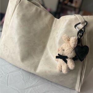Cream Vegan Leather Tote with Plush Bunny Charm